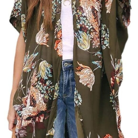 Jewelry - Womens Floral Kimono Duster Cardigans Short Sleeve Draped Oversized Beach Cover